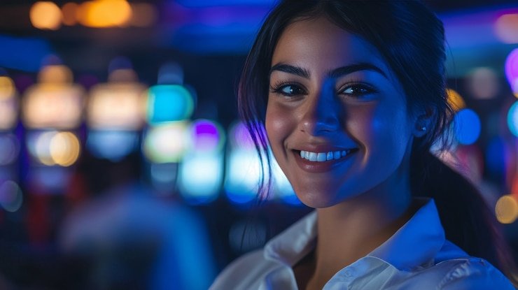 Meja casino dengan dealer dan pemain menikmati live casino